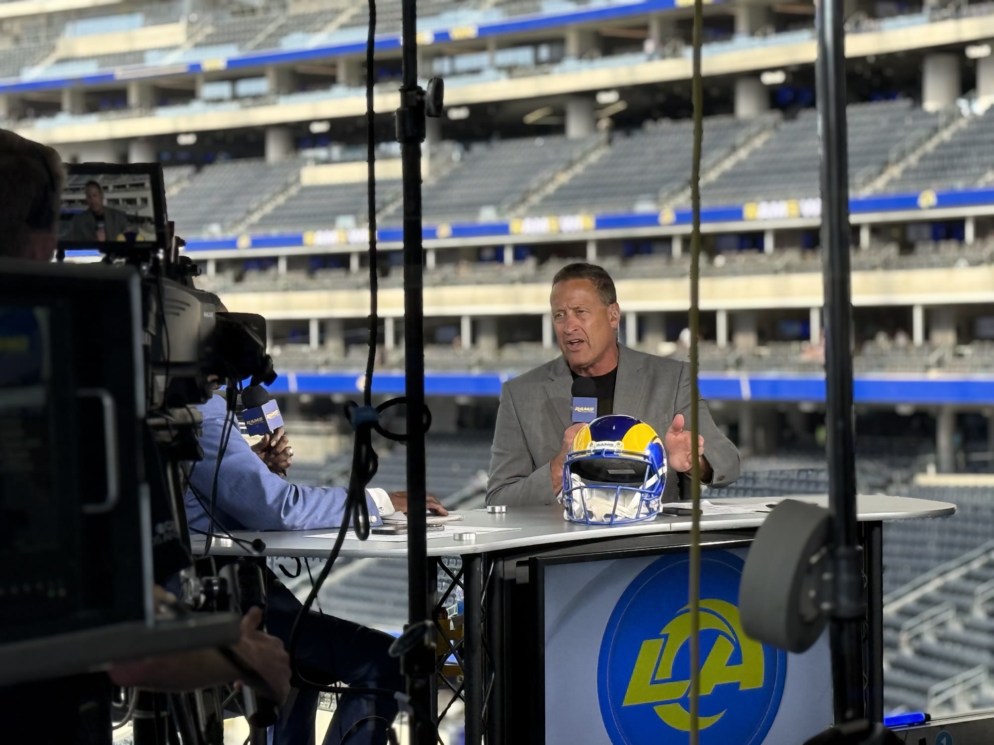 Jim Everett on the Rams broadcast desk